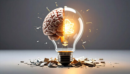 A conceptual fusion of a human brain and a glowing light bulb, symbolizing intellect, creativity, and breakthrough ideas.
