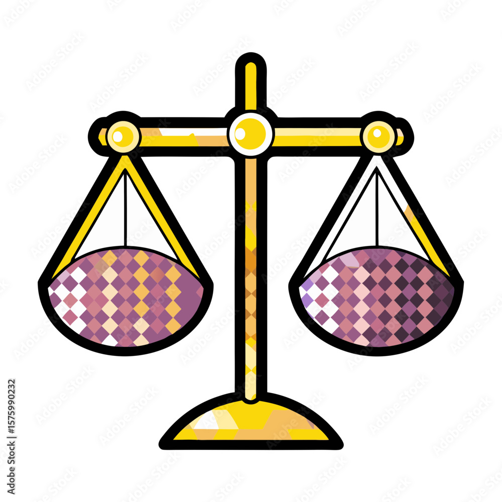 Poster scales in yellow and pink color scheme showcasing balance and fairness, isolated vector image in com