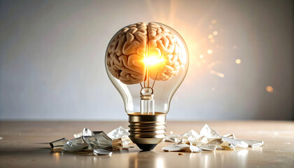 A radiant human brain glows within a light bulb, surrounded by fragments of shattered glass.
