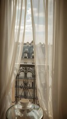 Cozy Parisian Apartment View with Coffee Cup on French Balcony and Flowing Sheer Curtains (