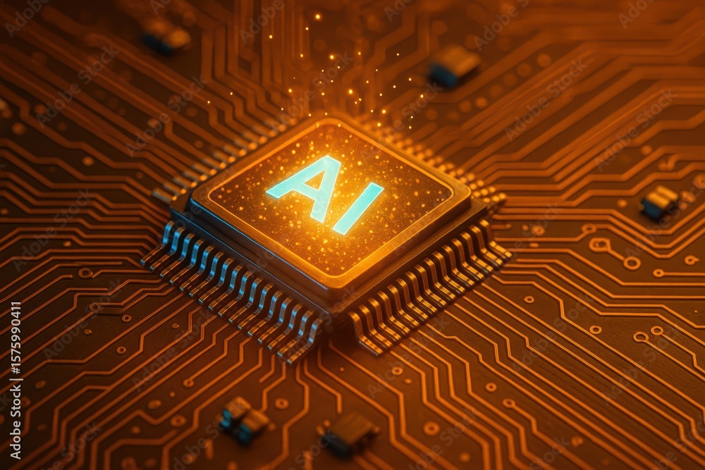 Poster futuristic circuit board with ai chip surrounded by glowing particles and digital elements