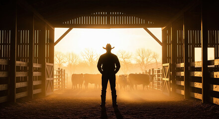 Cowboy silhouette standing in barn at sunrise with cattle