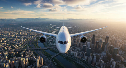  Commercial airplane flying over modern city at sunrise, Arial view
