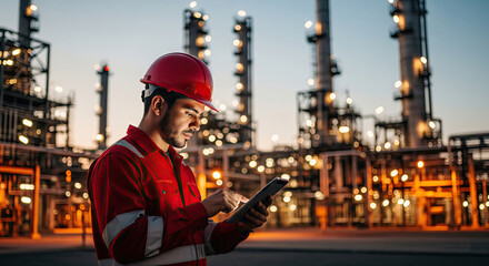 Petroleum engineer using digital tablet at oil refinery at dusk