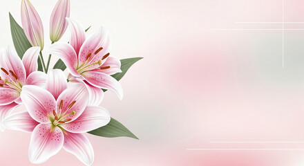 Elegant pink lilies on soft pink background with space for text - template