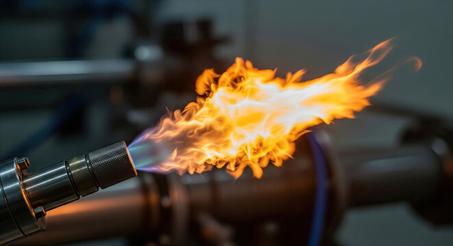 Industrial torch with vivid flame in laboratory environment