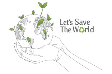 Let's Save The World - Eco-Friendly Graphic Design with Hands Holding Earth Poster & Banner