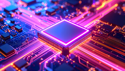 Dynamic neon light trails illuminate a detailed computer processor on an an advanced circuit board.