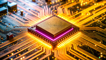 A vibrant magenta glow highlights a powerful processor at the core of an intricate electronic circuit.