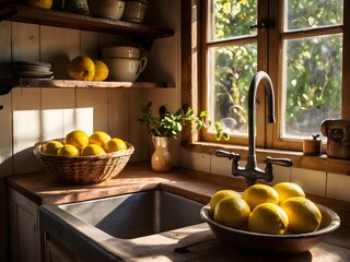 Bright Sunlight Illuminating Fresh Lemons on Rustic Wooden Kitchen Countertop