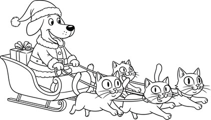 Fototapeta premium Dog in Santa suit driving sleigh pulled by cats with Christmas present vector