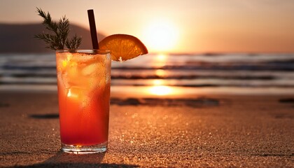 refreshing summer cocktail served on the sandy beach at sunset light