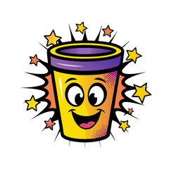 Happy cartoon coffee cup with stars in pop art comic style, isolated vector image on a transparent background  