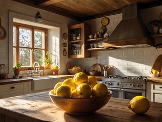  Bright Sunlight Illuminating Fresh Lemons on Rustic Wooden Kitchen Countertop