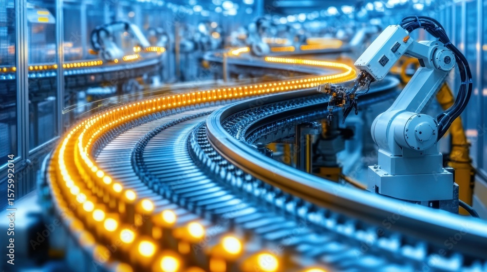 Poster automated production line with robotic arm and conveyor belt.