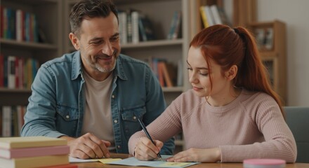 Father helping daughter with homework at home library. Man in denim shirt guiding child with writing assignment. Family education and tutoring concept