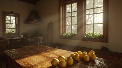  Bright Sunlight Illuminating Fresh Lemons on Rustic Wooden Kitchen Countertop