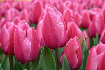 Fototapeta premium A Vibrant Field of Pink Tulips Glistening with Dewdrops in the Morning Light, Showcasing Nature's Beauty and Freshness