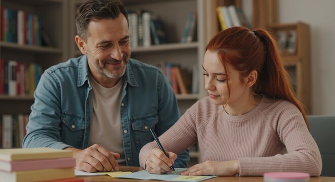 Father helping daughter with homework at home library. Man in denim shirt guiding child with writing assignment. Family education and tutoring concept