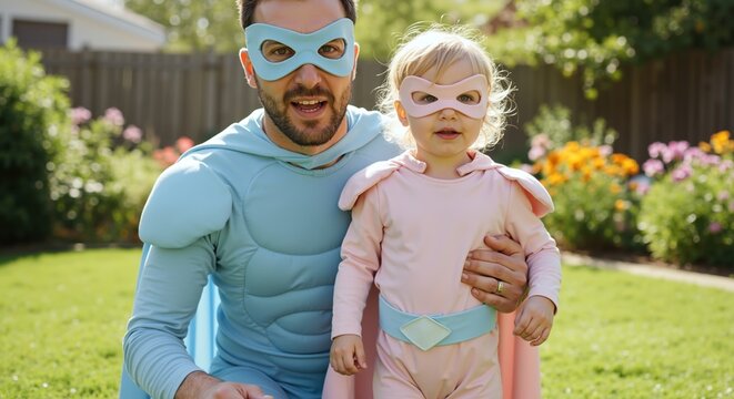 Father and daughter wearing superhero masks in sunny garden. Man in light blue shirt with child in pink costume playing together outdoors. Family bonding and roleplay concept - Powered by Adobe