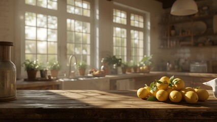  Bright Sunlight Illuminating Fresh Lemons on Rustic Wooden Kitchen Countertop