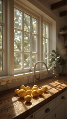  Bright Sunlight Illuminating Fresh Lemons on Rustic Wooden Kitchen Countertop