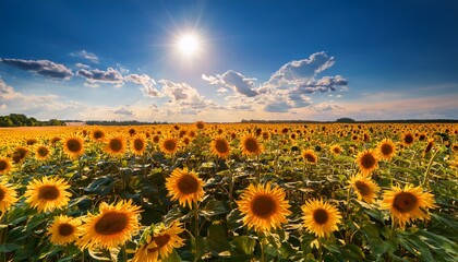 Fototapeta premium sunflower field blooms under a bright sun on a summer day in bela sunflowers field in summer bright sunny and windy day in belarus