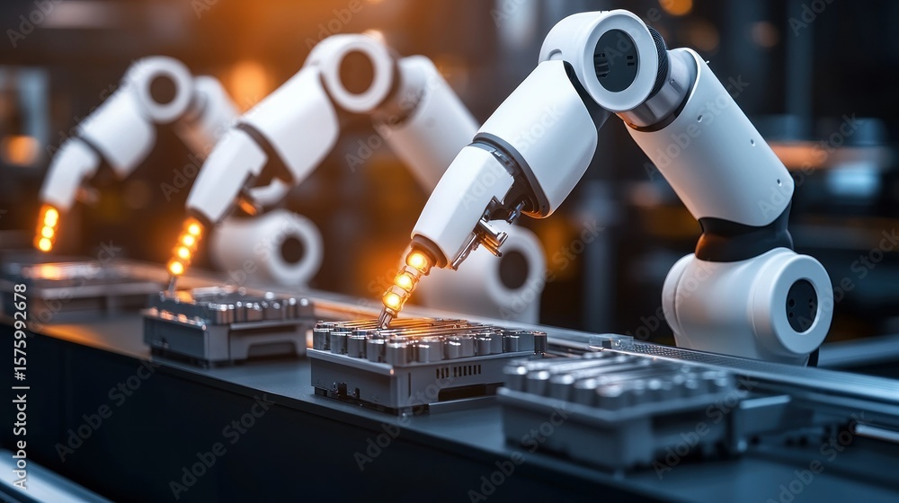 Poster automated robotic arms working on a production line.