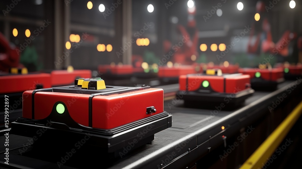 Poster red automated conveyors in a factory setting.