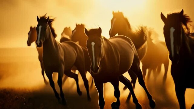 Horses galloping across a field at sunset with a golden glow and dust kicking up from their hooves animal video