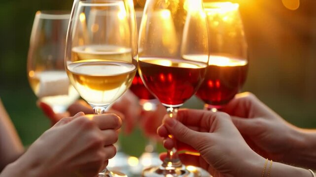 Friends raise glasses filled with red and white wine