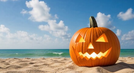 Tropical Halloween. Creepy orange Pumpkin Jack-o'-lantern close up on wavy beach sand. Jack o lantern for Halloween party, Sea green ocean waves, blue sky fluffy clouds, Autumn season. Copy space