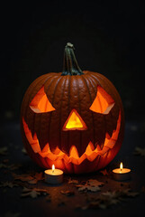 Copy space. Halloween pumpkin. Closeup, dim light. Black background, photo. Studio photo. High quality, high definition. Candle light.