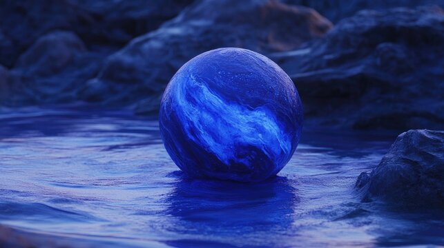 A vibrant, glowing orb resting on a dark, reflective surface.