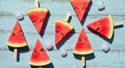 Watermelon popsicles arranged in circle with ice cubes on blue wooden surface. Summer frozen treats and refreshment concept. Ice cream, frozen desserts, summer snacks, cooling products sale