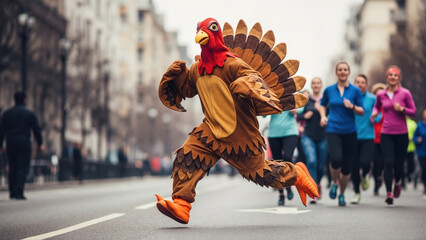 Character dressed in turkey mascot costume runs down city street with jogging marathon in autumn. Turkey Trot Thanksgiving race, sports humor, copy space
