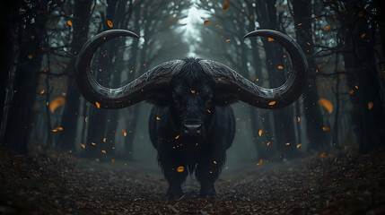 A mythical black beast with spiraling horns and golden-orange petals creates a mysterious, fantasy atmosphere in a dark forest. The hyper-realistic, dark fantasy style features symmetrical composition