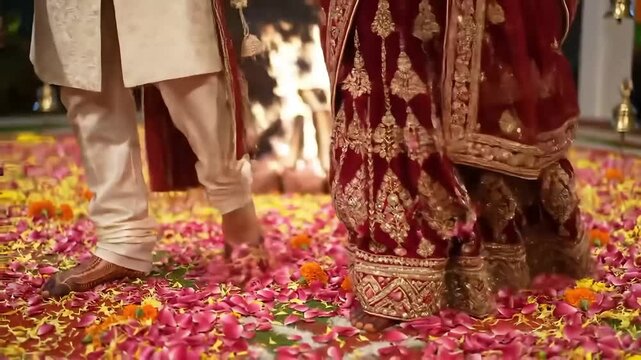 Bride and groom's feet circle the sacred fire in the Saat Phere ceremony.