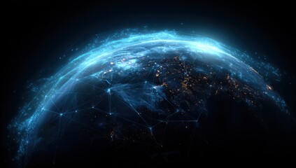 Fototapeta premium Glowing network lines overlay the Earth, representing global communication
