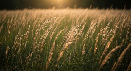 Golden Grass Field Sunset Warm Light Natural Beauty Peaceful Meadow. Country Prairie Landscape Outdoor Recreat Walking. Nature Wellness Concept