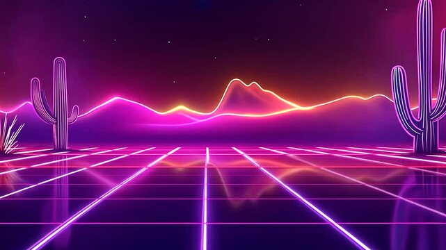 Neon desert landscape with cacti and mountains