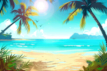 Obraz premium Stylized Tropical Beach Landscape with Palm Trees and Ocean