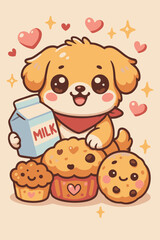 Fototapeta premium Cute kawaii puppy enjoying milk and cookies with cupcakes, cartoon vector illustration with hearts on pastel background