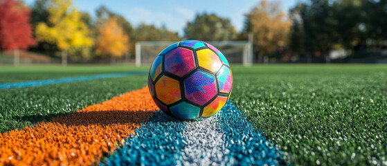 A brightly colored soccer ball on the edge of the field, useful for articles about sports and outdoor activities.