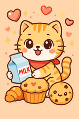 Fototapeta premium Cute kawaii kitten enjoying milk and cookies with cupcakes, cartoon vector illustration with hearts on pastel background