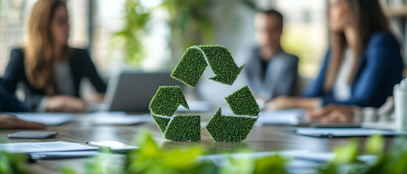 There is a green recycling figure on the table, people in the office discussing environmental projects, useful for articles about sustainability and ecology.