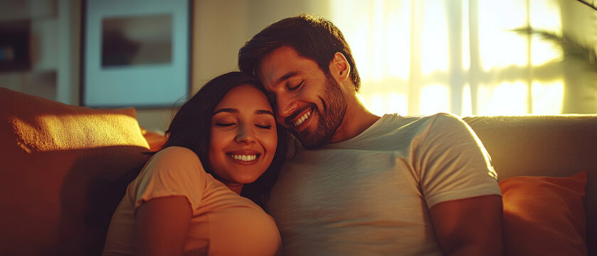 Young couple gently cuddling on the couch in a cozy room. Relationship blogs, romance articles, social media.