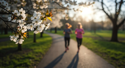 Obraz premium White cherry blossoms with blurred runners jogging in park during golden sunset. Spring flowers on branches with people exercising on path. Fitness motivation . Health services, marathon training