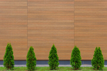 A wooden wall of a building is adorned with coniferous trees of varying shapes and sizes, creating a harmonious landscape design.