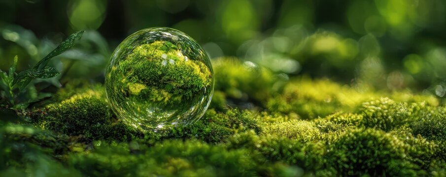 Glass orb rests on a mossy surface, reflecting the lush surrounding forest